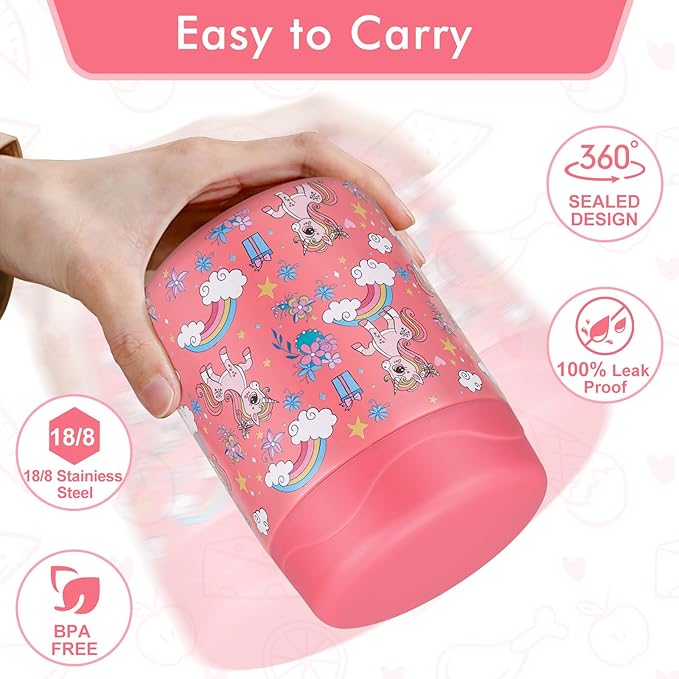 12oz Soup Thermo for Hot Food Kids Insulated Food Jar Wide Mouth Lunch Container Leak Proof Stainless Steel Vacuum Bento Box for School Office Travel Outdoors Pink-unicorn