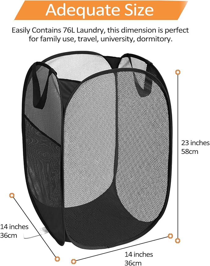 Durable Collapsible Laundry Baskets, Upgrade Foldable Pop Up Hamper for Laundry, Mesh Clothes Hamper with Side Pocket, Reinforced Carry Handles for Laundry, Bathroom, Kids Room, Dorm or Travel Black