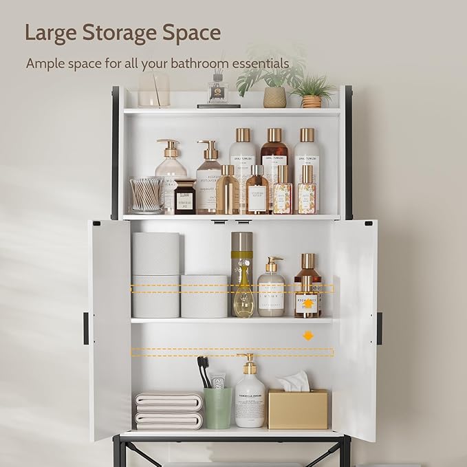 Over The Toilet Storage Cabinet with Rattan Doors, Bathroom Organizer with Adjustable Shelf, Metal Frame & Anti-Tip Device, Space-Saving Wood Cabinet for Bathrooms, Laundry Room, White