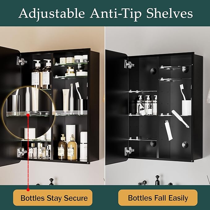 Medicine Cabinet with Mirror 16x24 Inch, Aluminum Bathroom Cabinet Recessed or Surface Mount, Black Frame with Six Adjustable Glass Shelves, Soft Close Hinge