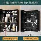 Medicine Cabinet with Mirror 16x24 Inch, Aluminum Bathroom Cabinet Recessed or Surface Mount, Black Frame with Six Adjustable Glass Shelves, Soft Close Hinge