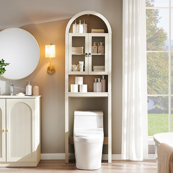 Arched Over The Toilet Storage Cabinet with Acrylic Doors, Modern Over Toilet Bathroom Organizer Shelf, Small Wooden Bathroom Storage Cabinet with Adjustable Shelf, Space Saver, Cream