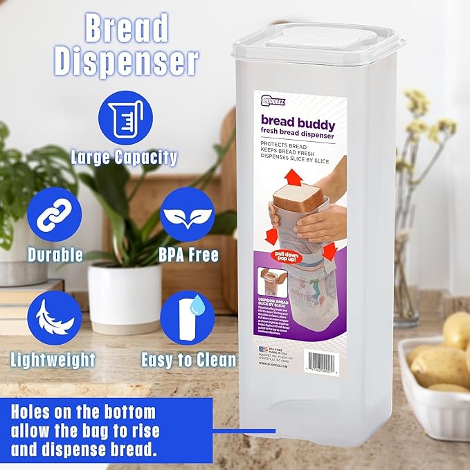Buddeez Bread Buddy Airtight Bread Storage Container- Slice by Slice Dispensing Design - Perfect Pantry Organizer - White Lid Pack of 2
