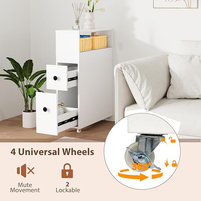 Giantex Small Bathroom Storage Cabinet - Slim Organizer with Wheels, 2 Drawers, 2 Baskets, Brush Holder, Over The Toilet Storage for Skinny Corner, Narrow Spaces