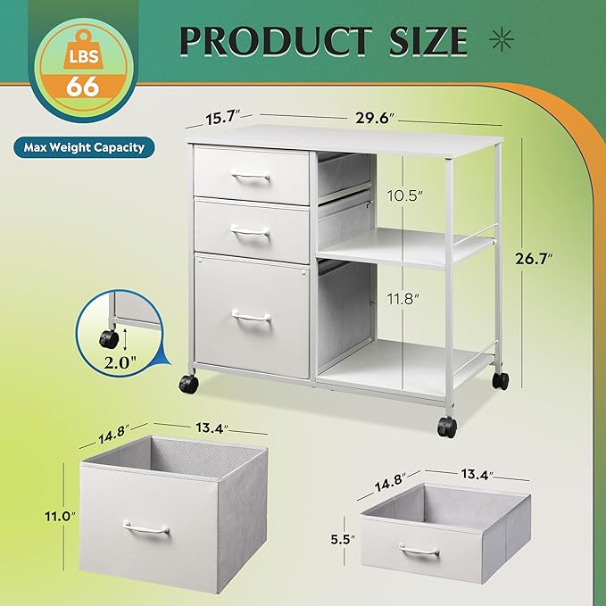 DEVAISE 3 Drawer File Cabinet with Open Shelf, Mobile Lateral Rolling Printer Stand, White Fabric Filing Cabinet fits A4/Letter Size for Home Office Storage