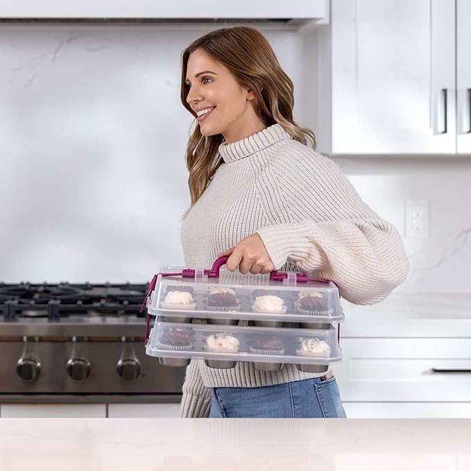 KPKitchen Cupcake Carrier for 24 Cupcakes - Innovative Cupcake Holder includes 2 Cupcake Pans with Lid and Handle - Cupcake Travel Container Carries 12 or 24 Standard-Size Cupcakes for Storage Safely