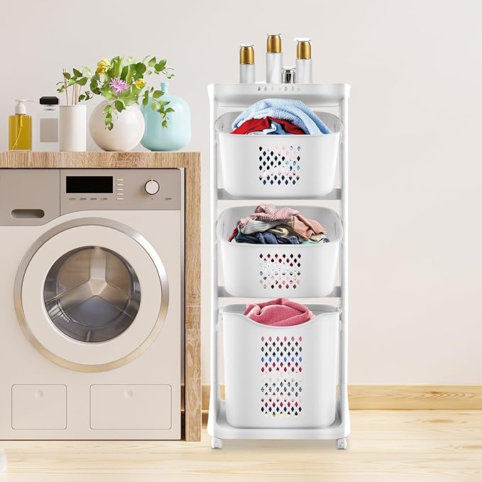 Laundry Basket Sorter with Wheels, 3-Tier Laundry Basket, Multi-functional 360° Rolling Storage Shelf for Kitchens, Bathrooms, Bedrooms, Classrooms, Laundry Rooms