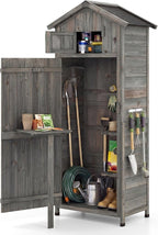Goplus All-in-One Storage Shed, 70" Tall Wooden Lockable Cabinet w/Foldable Work Table, Vertical Utility Tool Organizer w/Shelves & Hooks, Waterproof Garden Shed for Patio Backyard (Gray)
