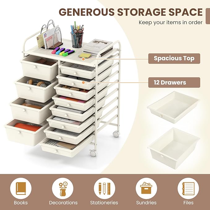 GOFLAME 12-Drawer Rolling Storage Cart, Craft Storage Cart with Removable Drawers & Lockable Wheels, Art Cart Supply Storage Organizer with Metal Frame for Home Office Classroom, White