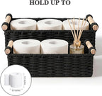 Boho Cotton Rope Storage Baskets Set of 2, Woven Wicker Organizer Bins with Wooden Handles, Small Decorative Boxes for Organizing, Toilet Paper Baskets for Bathroom Countertop, Shelves (Black 2 Pack)