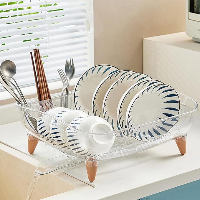 Dish Rack, Dish Drying Rack for Kitchen Counter, Dish Drainer with Drainboard Set and Utensil Holder, Sink Drying Dish Strainer Rack (Clear)