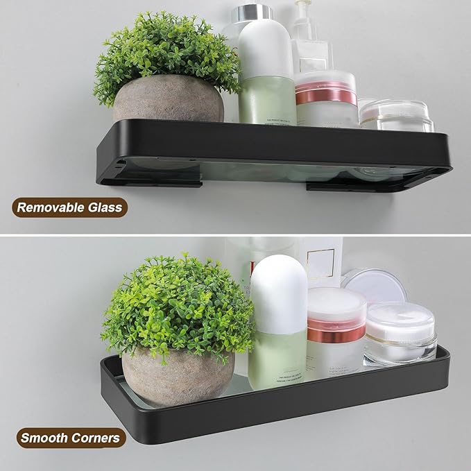 Z metnal Small Glass Bathroom Shelves, Matte Black Floating Shelf, Mini Wall Mounted Shelf (Dark Glass, 11.8 inch/30cm)