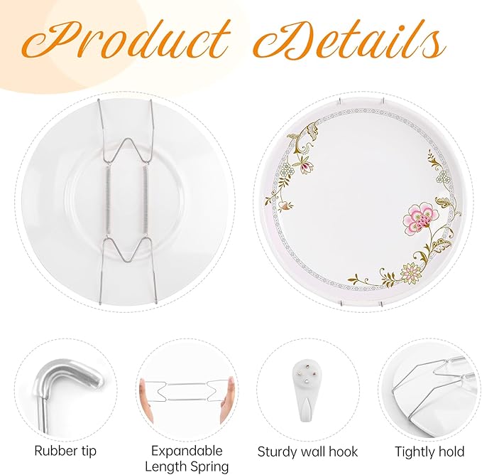 Bilillo 4 Pack Plate Hangers for The Wall, Suitable for 16-20 inch Art Plate, Stainless Steel Invisible Heavy Duty Wire Plate Holder with Wall Hooks, Plate Hangers for Displaying Plates, Silver