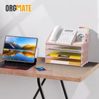 Letter Tray Paper, 4 Tier Desk Organizer with Pen Holder and Handle, Mesh File Organizer Paper Sorter Metal Desktop Document Shelf for Office Home Classroom - Pink