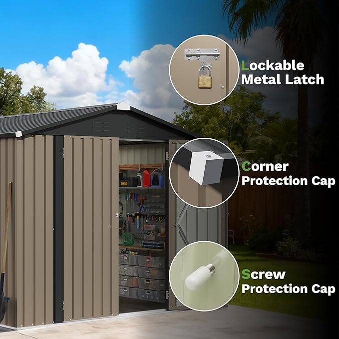 Patiowell Outdoor Storage Shed 8x8 FT, Heavy Duty Tool Metal Sheds with Lockable Doors and Updated Frame Structure for Backyard Patio Lawn, Brown