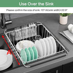 Large Dish Drainer Rack in Sink Adjustable, Expandable 304 Stainless Steel Metal Dish Drying Rack Organizer with Stainless Steel Utensil Holder Over Inside Sink Counter, Rustproof