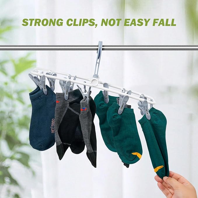 Aolloa Clothes Drying Hanger with 12 Clips, 2 Pack Folding Portable Hanging Drying Rack,Drip Foldable Hanging Rack, 360° Rotatable Hook for Drying Towels Bras Baby Clothes Gloves Plastic(Blue&Green)