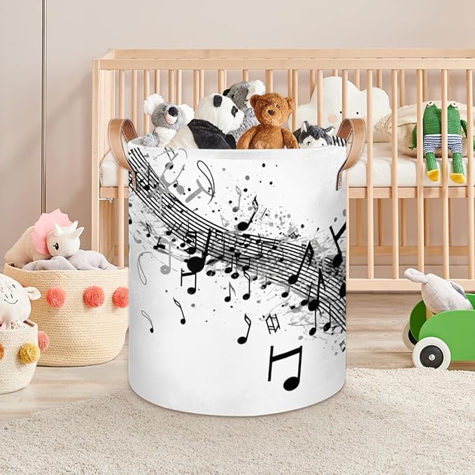 Musical Notes and Clef Sheet Print Collapsible Laundry Basket Large Laundry Hamper Waterproof Foldable Storage Bins Laundry Basket with Leather Handles Clothes Nursery Hampers