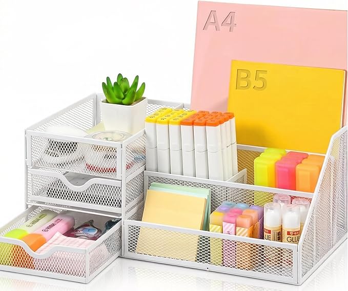 Lavatino Mesh Desk Organizer with 6 Compartments & 2 Drawers, Larger Multi-functional Desktop and Workspace Accessories Organizer for Office, Classroom, Dorm Supplies (White)
