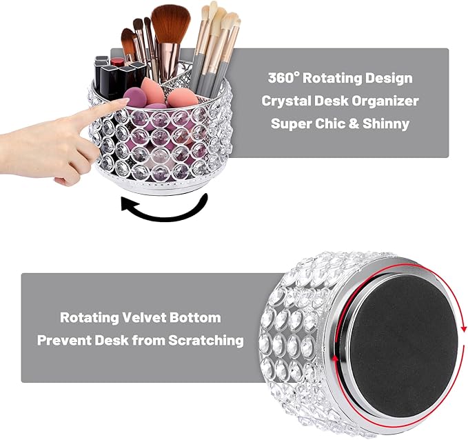 BTSKY Crystal 360 Degree Rotating Desk Organizer Decorative Storage Box with 4 Compartments, Glitter Metal Makeup Brush Holder Elegant Storage Caddy Home Decor Gift for Women, Round-4 Slots Silver