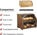 HOMEKOKO Double Layer Large Bread Box for Kitchen Counter, Wooden Large Capacity Bread Storage Bin (Brown)