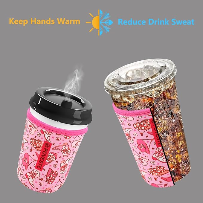 Reusable Neoprene Insulator Sleeve for Iced Coffee & Cold Soda, Coffee Sleeves for Iced & Hot Drinks, Cold Beverage Cooler Compatible with Starbucks, Dunkin (Cowgirl Spirits, Medium: 22-24oz)