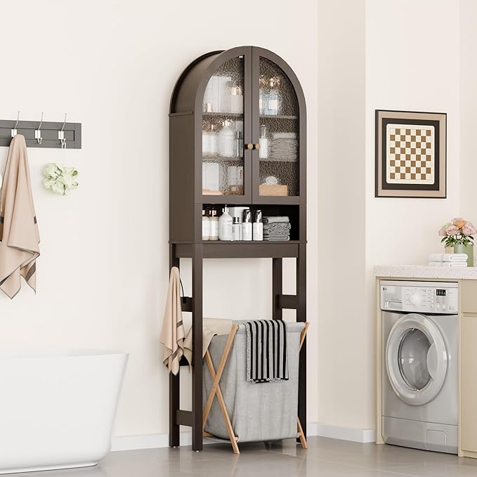 Over The Toilet Storage Cabinet, 23.7”W Modern Storage Cabinet Over Toilet with Acrylic Doors, Arched Freestanding Over Toilet Rack with Adjustable Shelf for Bathroom, Espresso