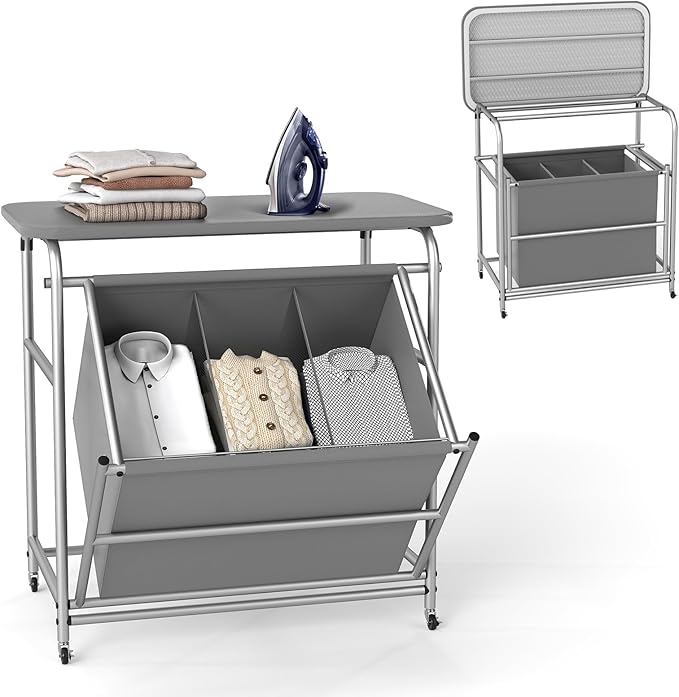 COSTWAY Laundry Hamper with Ironing Board, 3 Section Tilt Out Laundry Cart with 3 Separated Removable Bags, Lockable Wheels, Heavy-Duty Laundry Sorter Clothes Basket Organizer for Bedroom, Bathroom