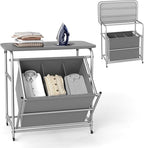 COSTWAY Laundry Hamper with Ironing Board, 3 Section Tilt Out Laundry Cart with 3 Separated Removable Bags, Lockable Wheels, Heavy-Duty Laundry Sorter Clothes Basket Organizer for Bedroom, Bathroom