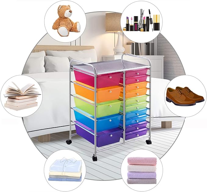 RELAX4LIFE 15 Drawer Rolling Storage Cart, Mobile Drawer Carts for Craft Art Supply Paper Salon, Utility Cart on Wheels for Classroom Teacher School Office, Rolling Cart with Drawers (Color)