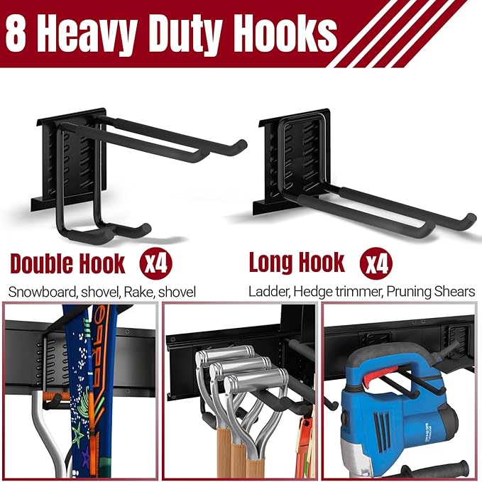 66" Garage Tool Organizer Wall Mount,20 PCS Garage Organization and Storage System Carries 720lbs, Heavy Duty Wall Rack for Garden & Shed Tools, Fits 16" Wall Studs(4 Panels)