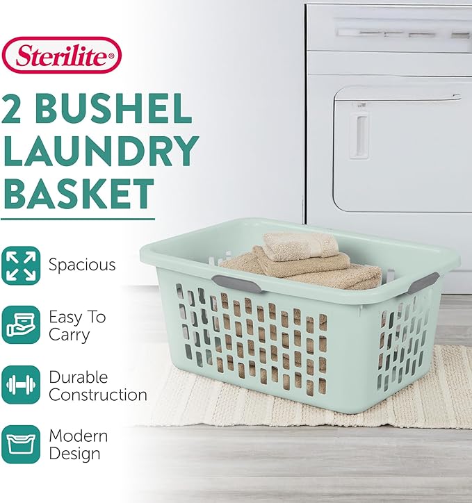 Sterilite 6-Pack 2 Bushel Laundry Basket, Rectangular Plastic Clothes Hamper, Mint - Ventilated Open-Top Utility Wash Bin with 4 Handles and Large Clothing Load Capacity