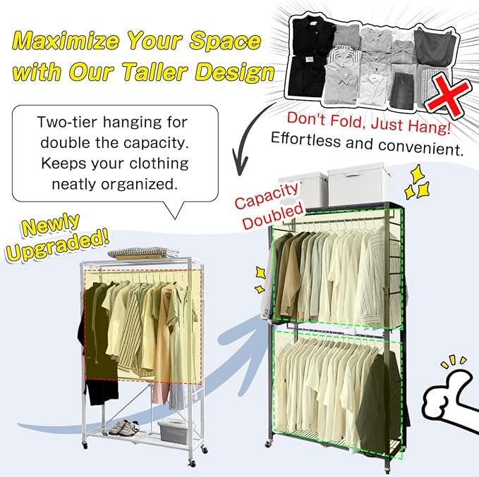lumizone Folding Clothing Rack with Wheels Expandable Wardrobe Portable Clothes Rack for Hanging Clothes Adjustable Closet Shelves Garment Rack Durable Closet Racks for Hanging Clothes (Pro Black)
