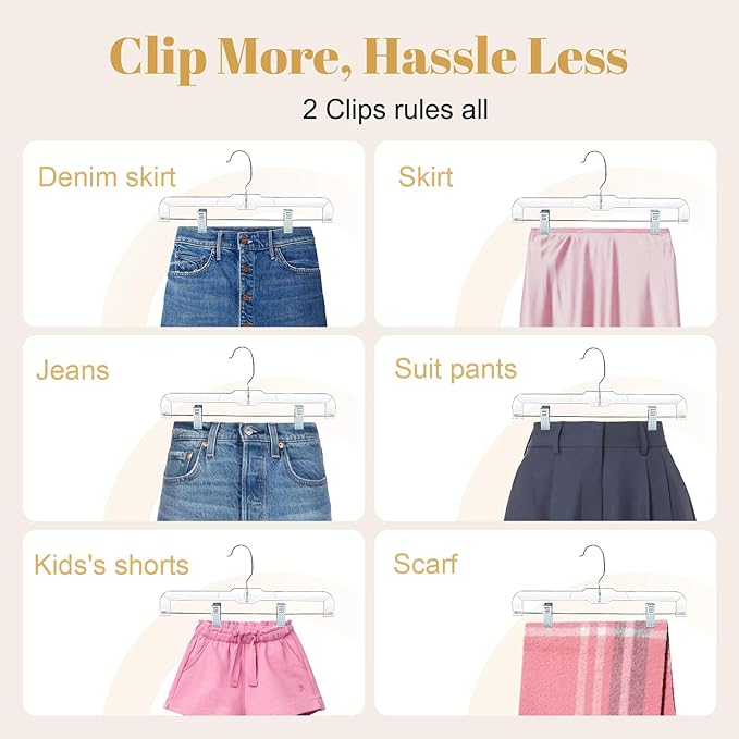 HOUSE DAY 100 Pack Skirt Hangers with Clips, Clear Plastic Pants Hangers with 2-Adjustable Clips，Non-Slip Clip Hanger for Pant, Skirts, Shorts, Bulk Retail Hanger