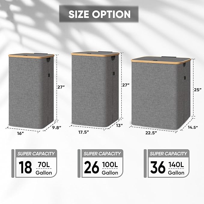 BALEINE Laundry Hamper with Lid, Tall Laundry Baskets with Bamboo Pull Handles, Large Laundry Bin with Internal Support (36 Gal/140L, Black)
