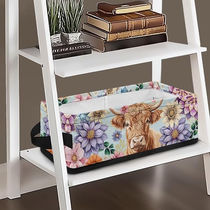 Narrow Storage Basket Small Toilet Paper Storage Bins Collapsible Canvas-like Fabric Organizer for Bathroom Kitchen Living Room Accessories and Decor, Boho Flower Highland Cow