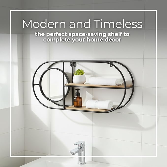 Metal And Wood Wall Shelf – Storage Shelf With Mirror And Open Shelves, Entryway Or Bathroom Wall Home Decor, Industrial Wall Organizer For Keys, Mail, And Display – 23" x 5" x 10", Brown Black
