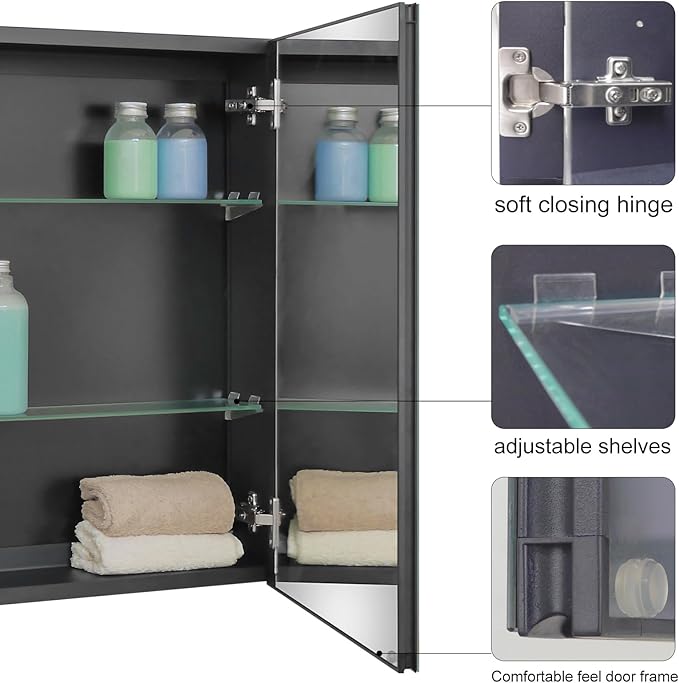 Fundin Medicine Cabinet 20 x 26 inches Mirror Size, Recessed or Surface Mount, Black Aluminum Bathroom Wall Cabinet with Mirror and Adjustable Shelves.