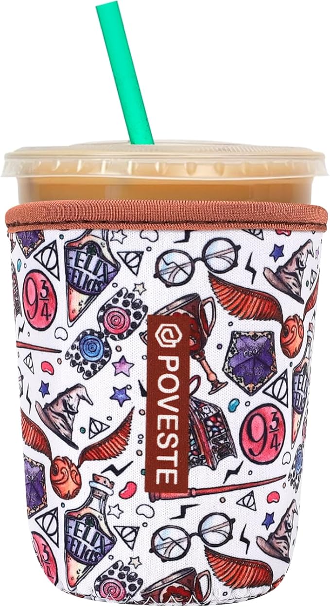 Reusable Neoprene Insulator Sleeve for Iced Coffee & Cold Soda, Coffee Sleeves for Iced & Hot Drinks, Cold Beverage Cooler Compatible with Starbucks, Dunkin (Quidditch Game, Small: 16-18oz)