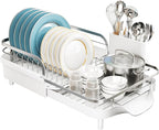 SNTD Dish Drying Rack, Expandable Dish Rack for Kitchen Counter, Stainless Steel Dish Drainer with Drainboard Set and Utensil Holder (White)