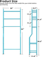 3-Tier Over The Toilet Storage, Freestanding Metal Bathroom Shelves with 4 Hooks, Over Toilet Storage Shelf with Paper Holder, Above The Toilet Shelf for Bathroom Storage, Blue