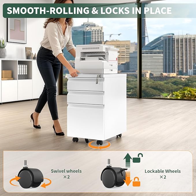 3 Drawer File Cabinet with Lock,Under Desk Rolling Small Filing Cabinet for Home Office Storage, Mobile Steel Cabinets with Wheels, Fully Assembled, White