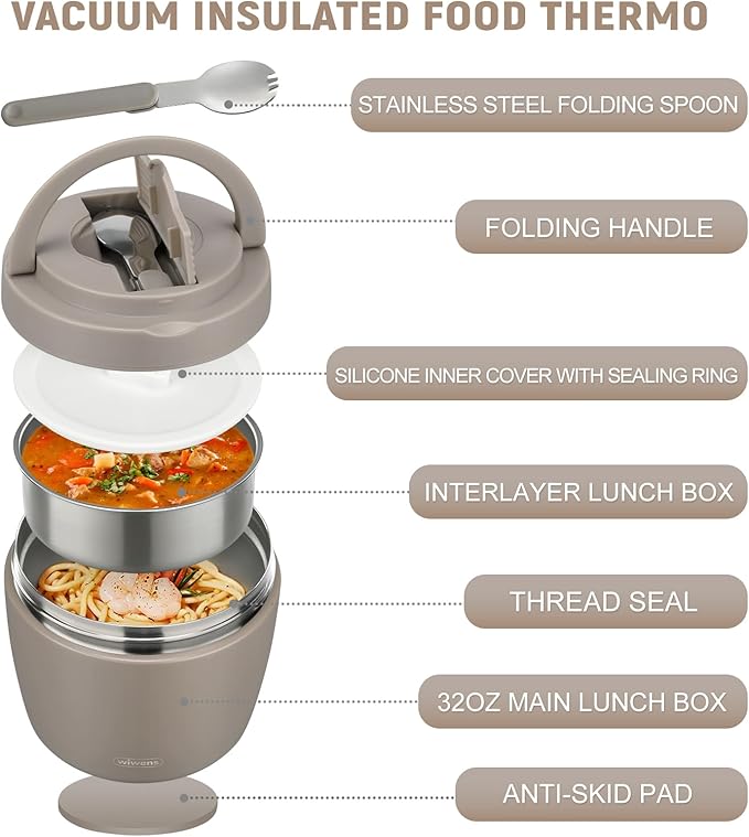 Thermo Food Jar for Hot Food Adults 32OZ Soup Thermo Lunch Containers Wide Mouth Vacuum Insulated Stainless Steel Leakproof Bento Box with Spoon (Khaki)