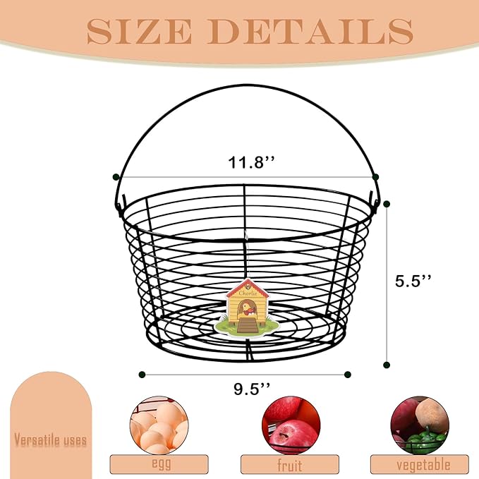 Colorful Metal Mesh Wire Egg Collecting Basket with Handle Portable Garden Vegetable Fruit Storage Lightweight Hanging Collector for Farmhouse Gathering Kitchen Picnic (Black, Large - 12")