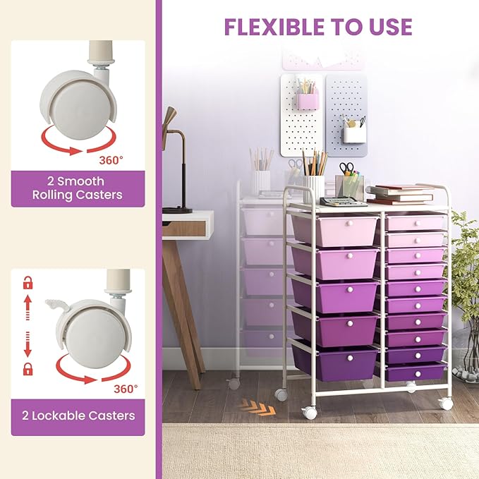 LUARANE Rolling Cart with 15 Drawers, Craft Storage Cart with Portable Handles & Lockable Wheels, Mobile Toys Organizer, Large Capacity Utility Drawer Cart Home Office School Teacher (Gradient Purple)