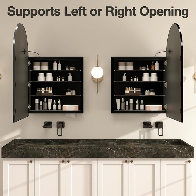Arched Medicine Cabinet Mirror No Assembly Needed Bathroom Mirror with Storage Recessed or Surface Mount Options (Black-LED, 36" L x 24" W)
