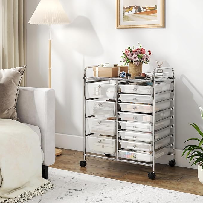 GOFLAME 12-Drawer Rolling Storage Cart, Craft Storage Cart with Removable Drawers & Lockable Wheels, Art Cart Supply Storage Organizer with Metal Frame for Home Office Classroom, Clear