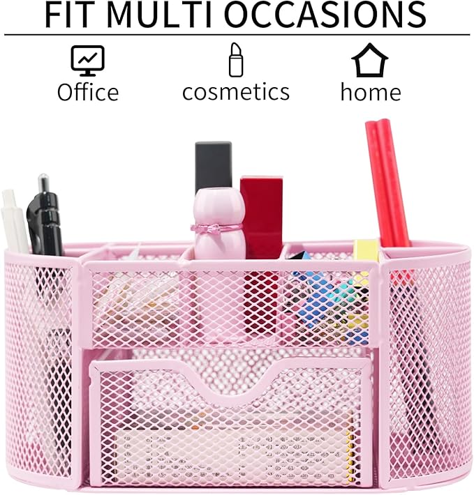 Desktop Organizer with Pencil Pen Holder and Accessories Offering 8 Compartments and 1 Drawer for Home, School and Office. (Cherry Blossom Pink)