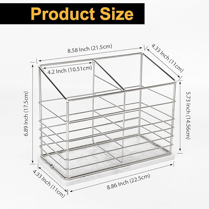 Utensil Holder for Kitchen Counter, Metal Utensil Holder Rack for Kitchen Countertop, Cooking Tools Storage for Spatula, Utensil Organizer with Marble Base, and Drainage Hole (Chrome Marble)