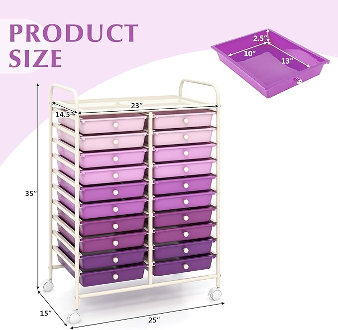 GOFLAME 20-Drawer Rolling Storage Cart, Multifunctional Art Craft Organizer Cart, Mobile Utility Storage Cart with Removable Drawers & Lockable Wheels, Craft Cart for Home Office, Purple Gradient
